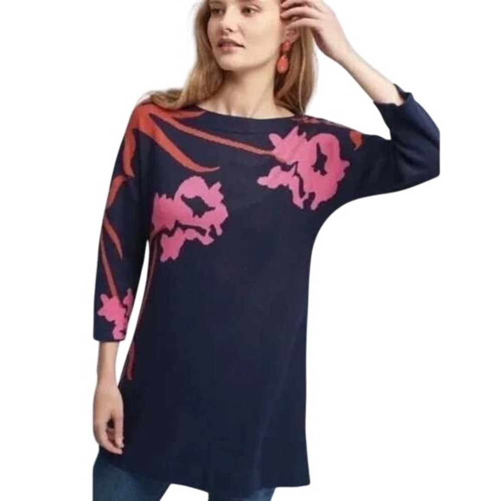 Field Flower Anthropologie‎ Tunic Sweater Womens XS Navy Pink Floral Silk Blend